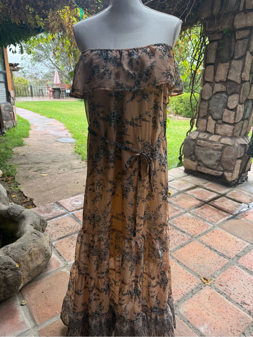 Off-Shoulder Floral Maxi Dress in Camel